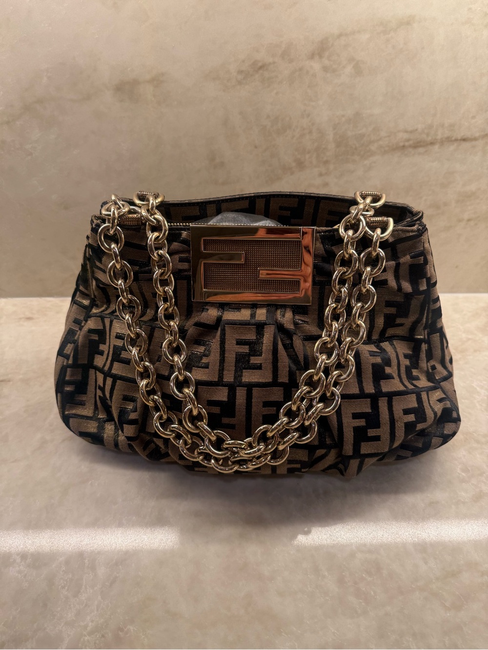 Fendi Black and Brown Zucca FF Logo Chain Shoulder Bag